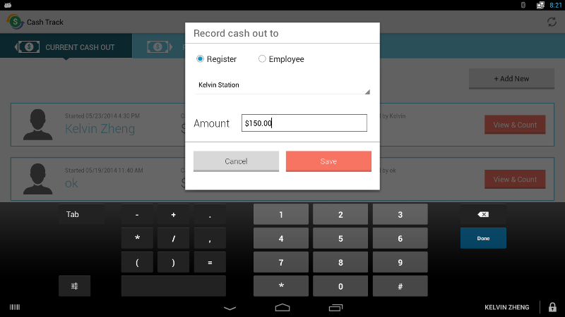 The Cash Track app enables you to track and monitor cash out and cash in from employees or registers. 