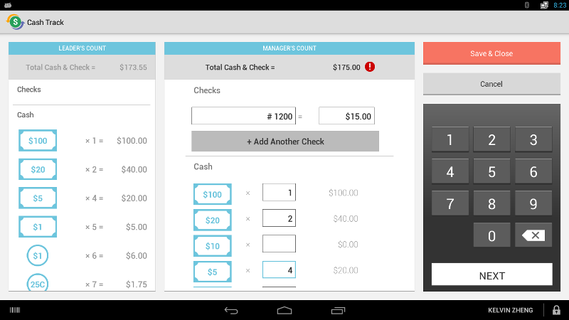 The Cash Track app enables you to track and monitor cash out and cash in from employees or registers. 